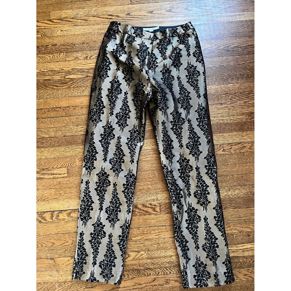 Boden Metallic Gold Black Velvet Flocked Jacquard Straight Leg Trousers Size 6